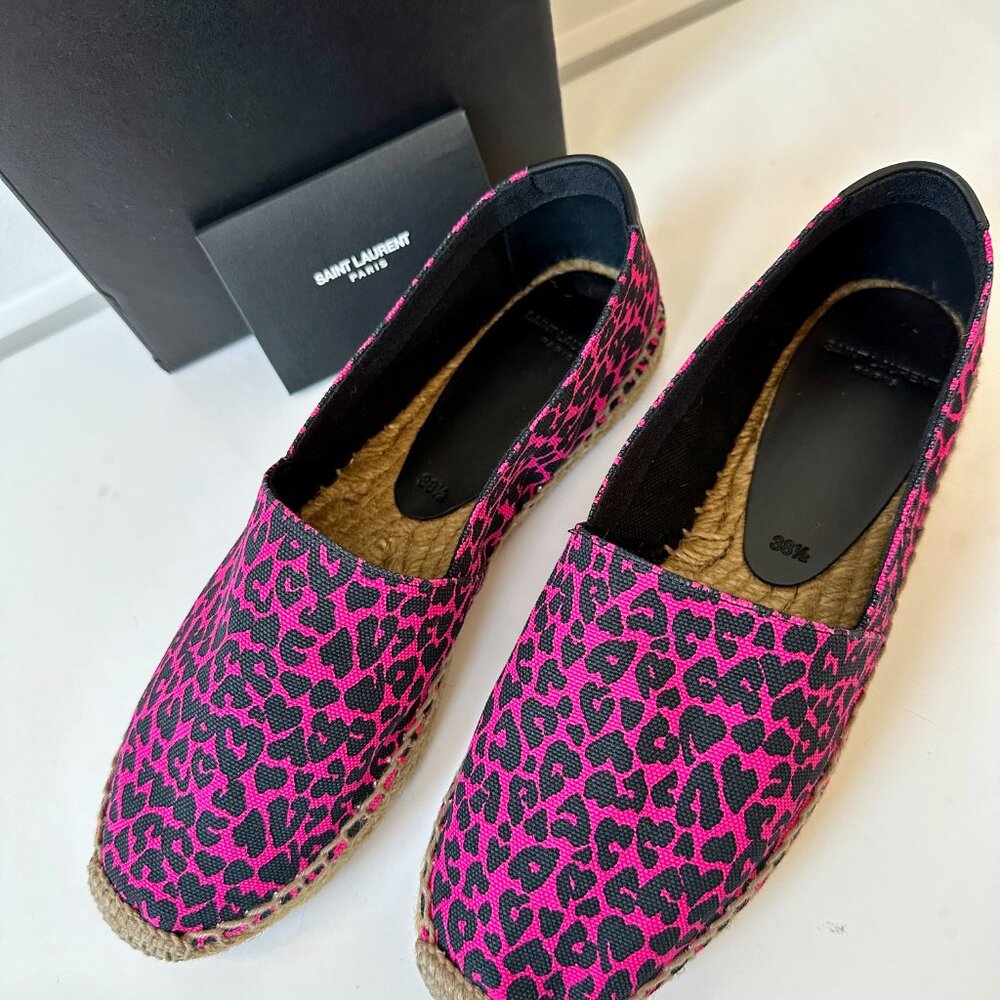 NEW Saint Laurent Espadrilles Pink Leopard Canvas Shoes 38.5